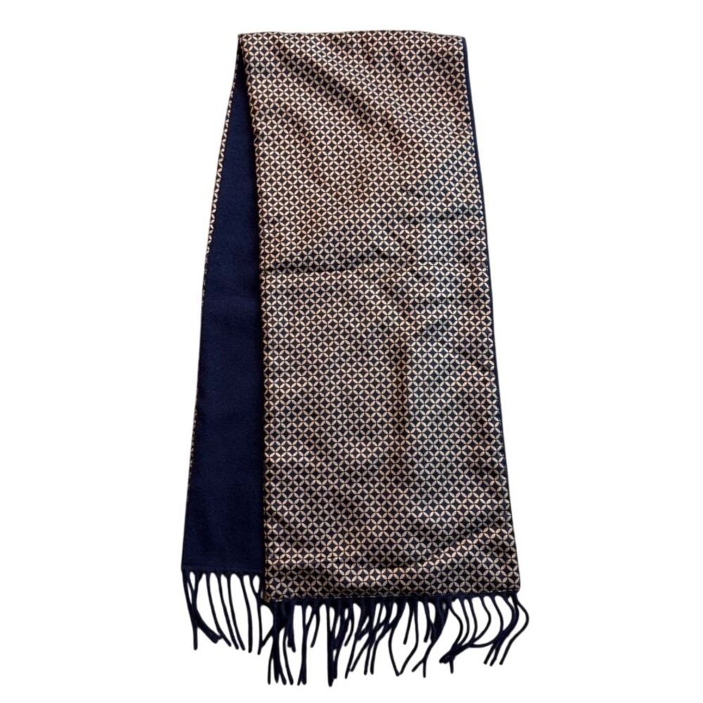 Navy Blue Silk Wool Reversible Scarf Geometric Pattern Gold Made in Italy Fringe